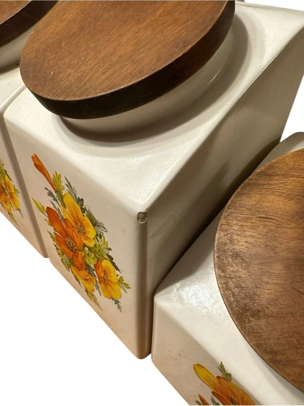 Vintage 1960s 1970s Set Of 3 Hyalyn USA Wooden Top Canister Set Grannycore